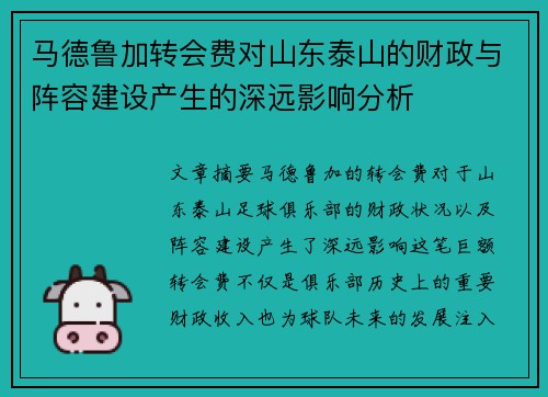 马德鲁加转会费对山东泰山的财政与阵容建设产生的深远影响分析